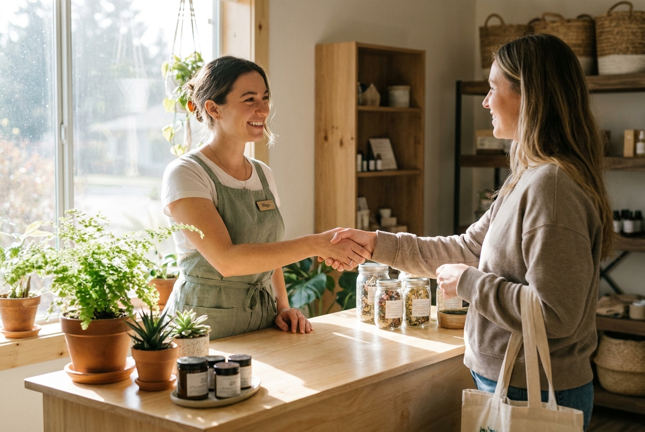 Licensed esthetician welcoming a first-time sugaring client at the studio reception desk