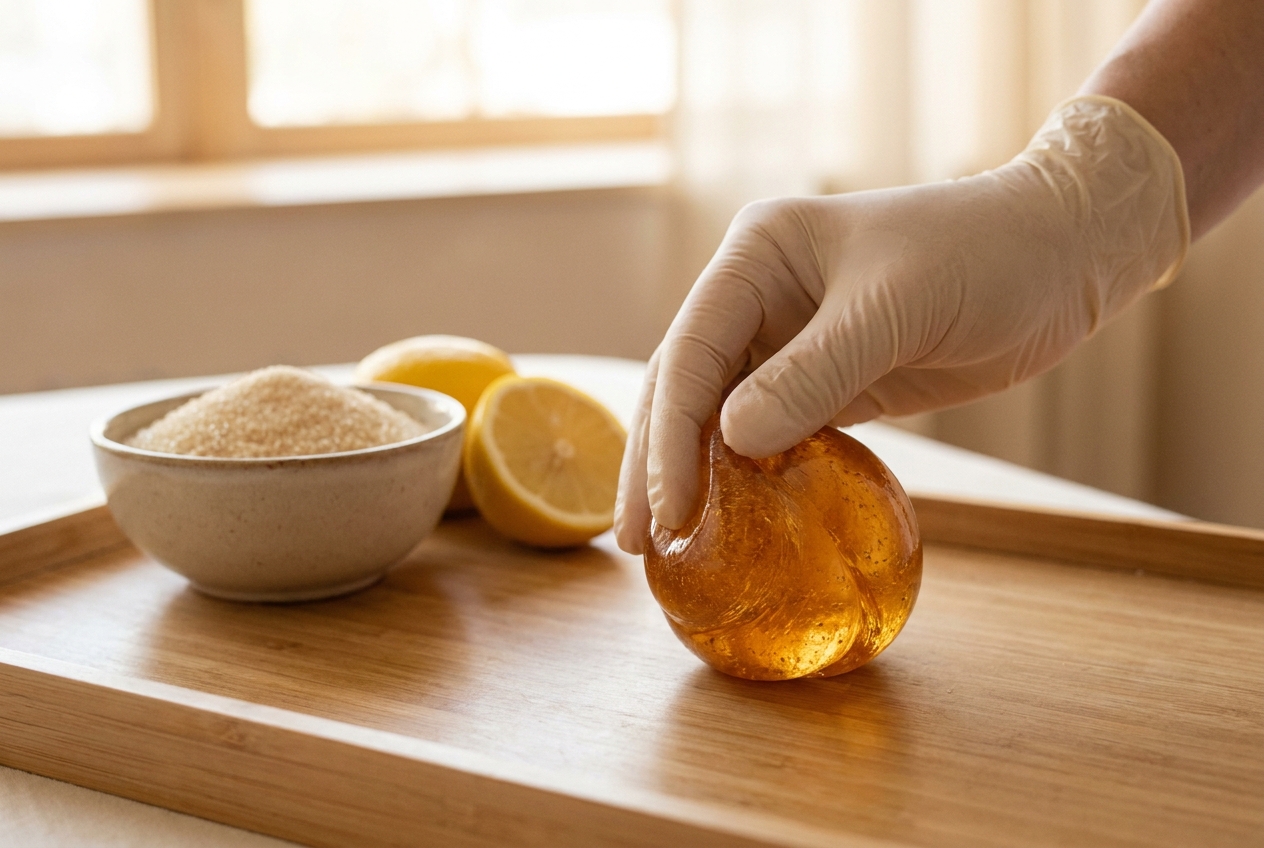 Golden ball of natural sugar paste made from sugar, lemon and water in an esthetician's hand