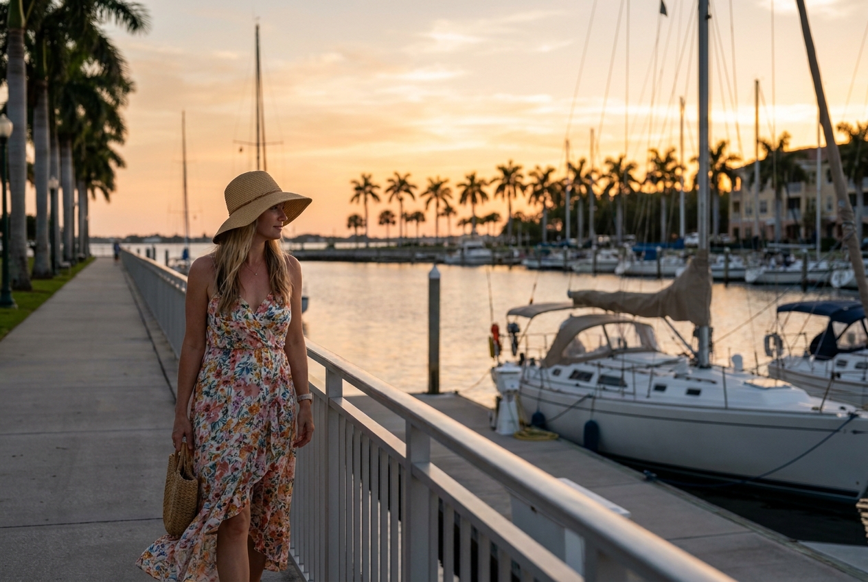 Woman enjoying a golden-hour walk along the Punta Gorda Harborwalk after her sugaring appointment